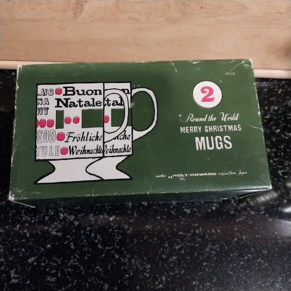 Vtg 60s Holt Howard Round The World Christmas Ceramic Mugs Boxed Pair - Picture 5 of 5